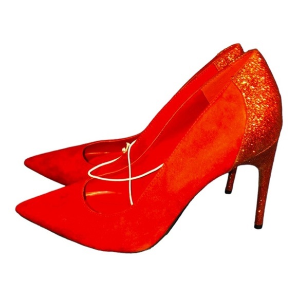 Marc Fisher red suede & glitter pointy toe stiletto pump heels size 11 brand new - Picture 11 of 12